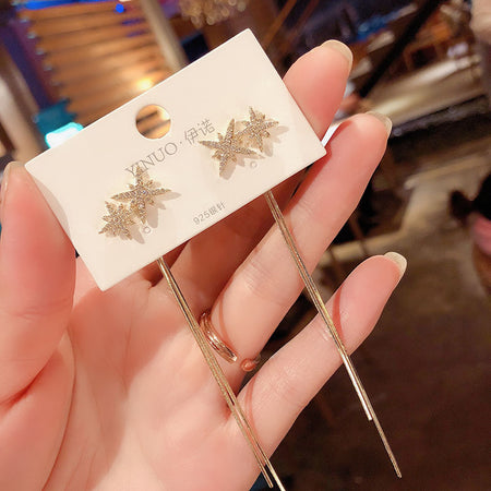 Korean Vintage Glossy Arc Bar Long Tassel Drop Earrings for Women Gold Color Geometric Fashion