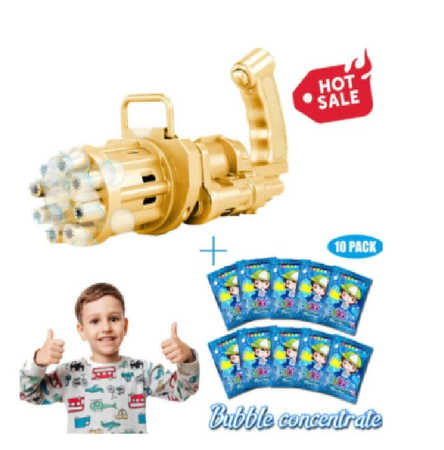 Gatling Bubble Machine 2021 Cooles Spielzeug & Geschenk – Gold + Seifenblasenkonzentratlösung x 10