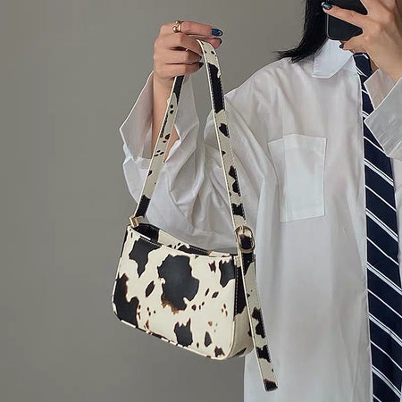 Fashion Design Milk Cow Print Women Underarm Baguette Handbags Vintage PU Leather Girls Shoulder Messenger Bags Women Armpit Bag