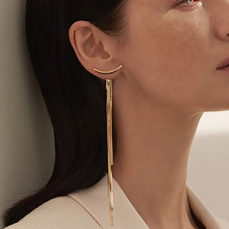 Korean Vintage Glossy Arc Bar Long Tassel Drop Earrings for Women Gold Color Geometric Fashion