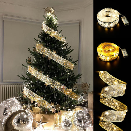 50 LED 5M Double Layer Fairy Lights Strings Christmas Ribbon Bows With LED Christmas Tree Ornaments