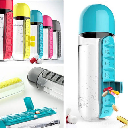 600ml Sports Plastic Water Bottle Combine Daily Pill Boxes Organizer